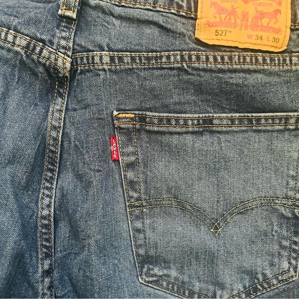 Levi Strauss denim blue straight jeans 527 Men 34/30 5pockets design zip logo - Picture 12 of 16